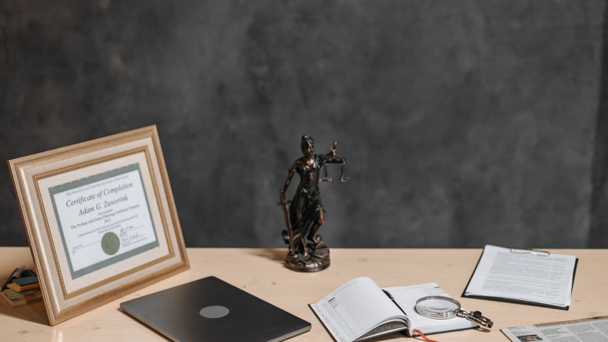 Un diploma, una estatuilla de la justicia y documentos en un escritorio