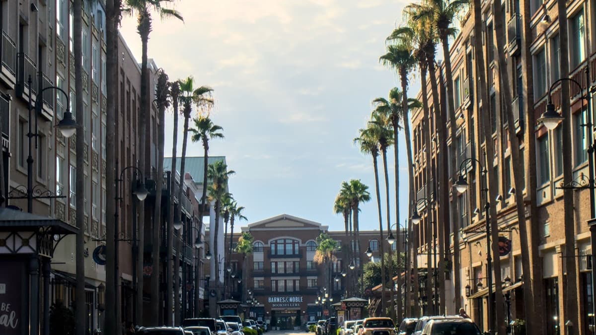 Una calle con palmeras y edificios de ladrillo